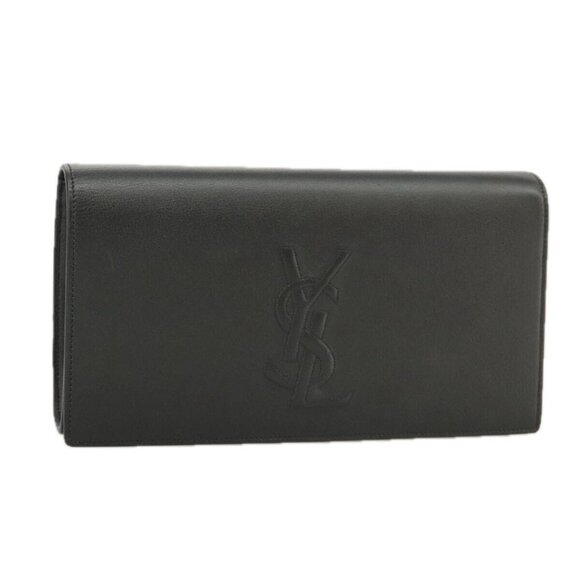 SAINT LAURENT Clutch Bag Leather Black Gold Auth - Picture 1 of 15